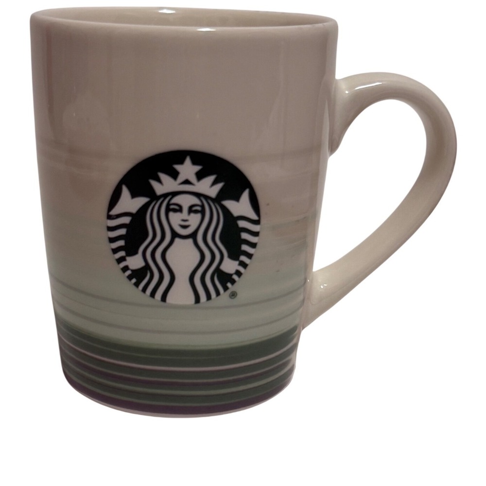 Starbucks 2021 Green Grey Striped Siren Logo Ceramic Coffee Mug 10oz White Cup‎